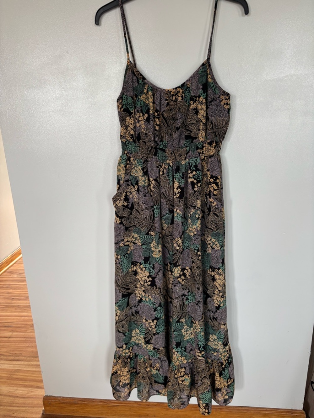 I heart Ronson Boho Black Yellow Green Floral Midi Dress w Pockets